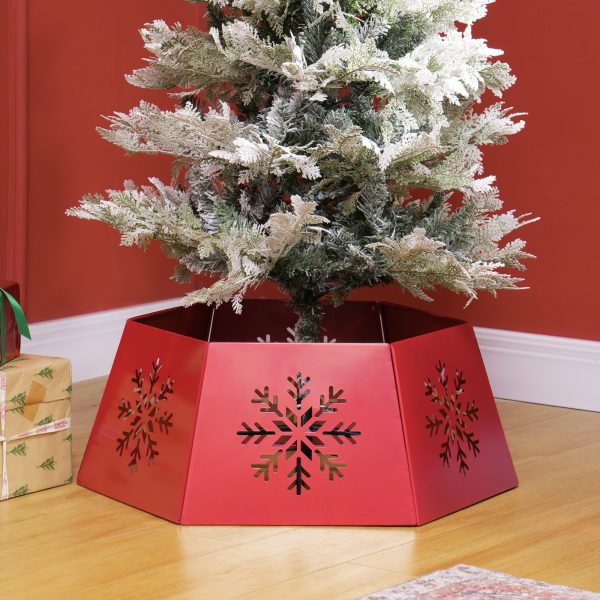HOMCOM Hexagon Christmas Tree Base Cover with Hollow Snowflake Patterns Red - Image 2