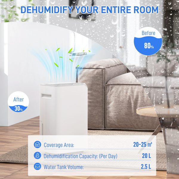 HOMCOM 20L/Day Small Dehumidifier for Home Damp Laundry, with 24H Timer - Image 3