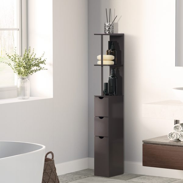 HOMCOM Tall Bathroom Storage Cabinet with Shelf and Drawers, Brown - Image 2
