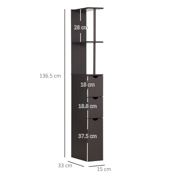 HOMCOM Tall Bathroom Storage Cabinet with Shelf and Drawers, Brown - Image 3
