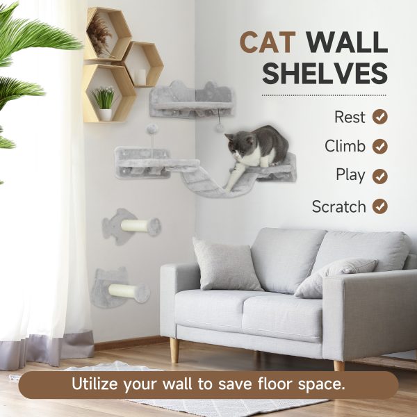 PawHut 4PCs Cat Wall Shelves with Steps, Ladder, Jumping Platforms - Image 3
