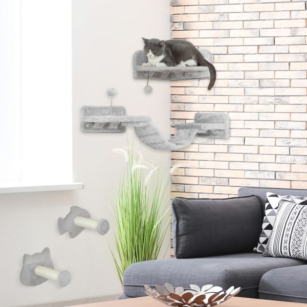 PawHut 4PCs Cat Wall Shelves with Steps, Ladder, Jumping Platforms - Image 2