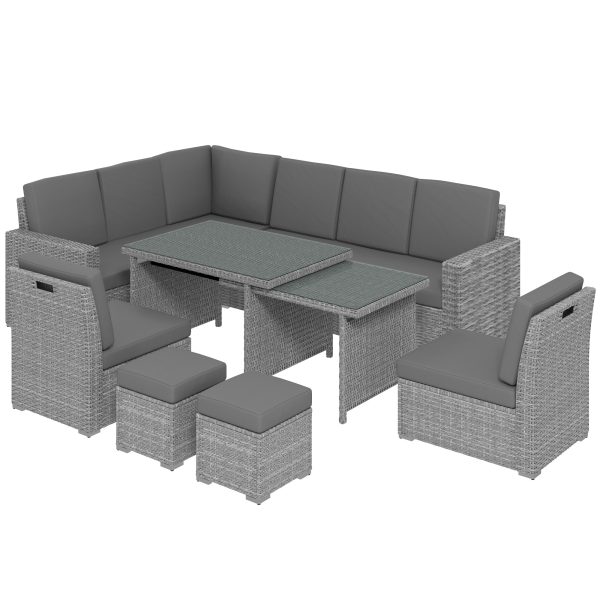 Outsunny 10-Seater Sofa Sectional w/ Cushioned Seat, Footstools and Glass Table