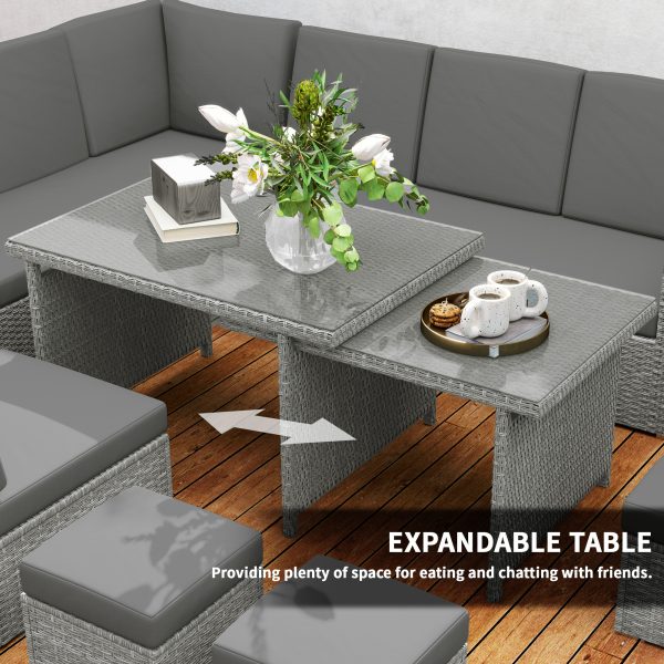 Outsunny 10-Seater Sofa Sectional w/ Cushioned Seat, Footstools and Glass Table - Image 3