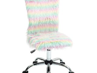 HOMCOM Fluffy Makeup Vanity Chair with No Arm, Swivel Wheels, Unicorn Tone