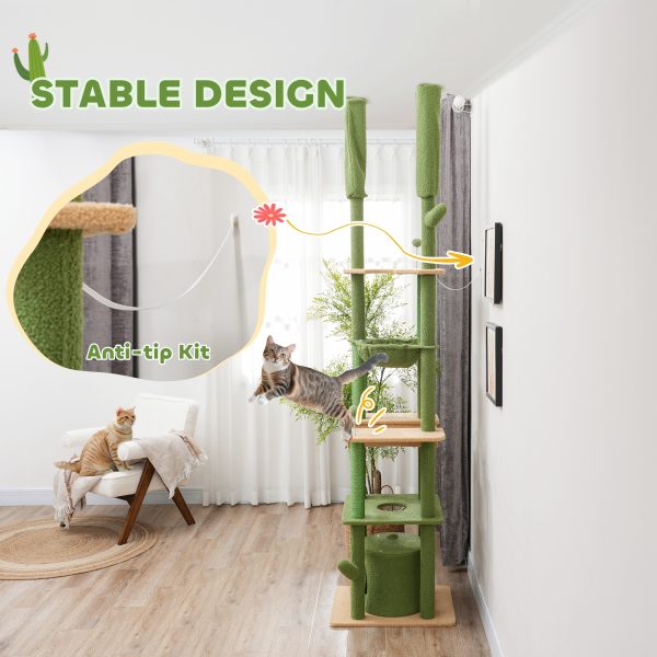 PawHut 225-255Hcm Floor to Ceiling Cat Tree w/ Hammocks, Condo - Green - Image 7