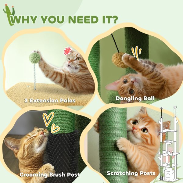 PawHut 225-255Hcm Floor to Ceiling Cat Tree w/ Hammocks, Condo - Green - Image 8