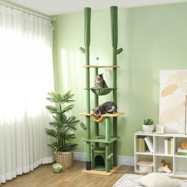 PawHut 225-255Hcm Floor to Ceiling Cat Tree w/ Hammocks, Condo - Green - Image 2