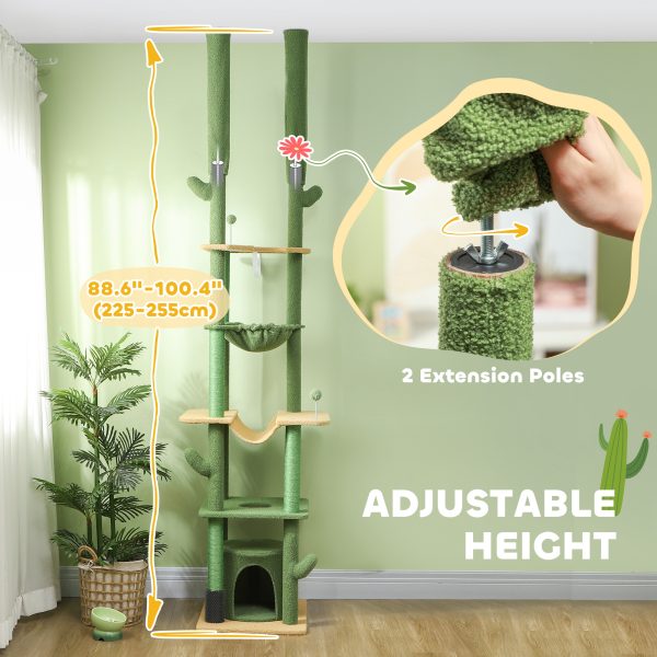 PawHut 225-255Hcm Floor to Ceiling Cat Tree w/ Hammocks, Condo - Green - Image 3