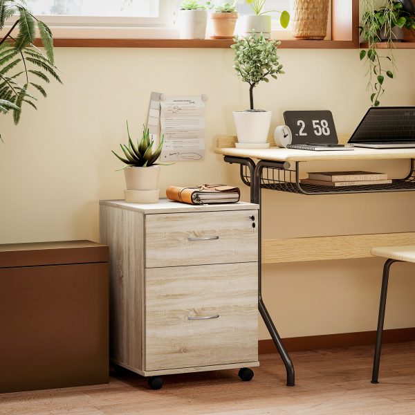 HOMCOM Pedestal Office Mobile Filing Cabinet 2 Drawer Wooden Storage Oak - Image 2