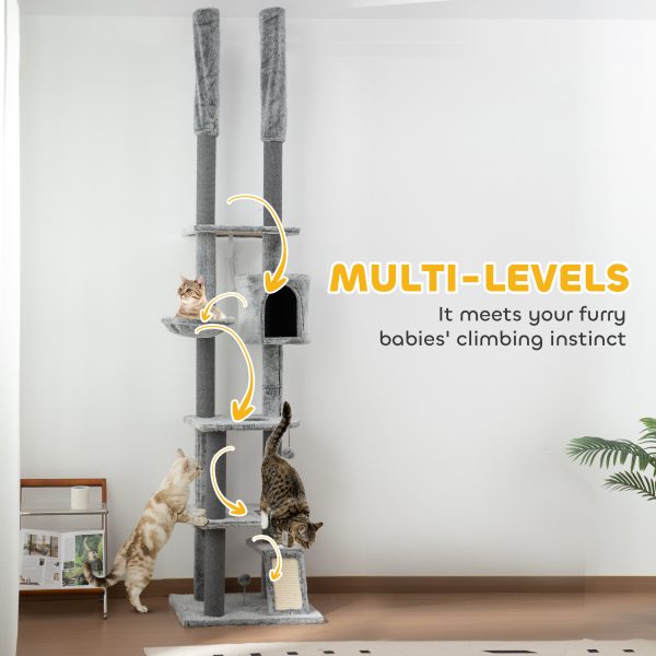 PawHut 225-255cmH Floor-to-Ceiling Cat Tree for Indoor Cats w/ Condo Ramp - Image 8