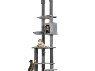 PawHut 225-255cmH Floor-to-Ceiling Cat Tree for Indoor Cats w/ Condo Ramp