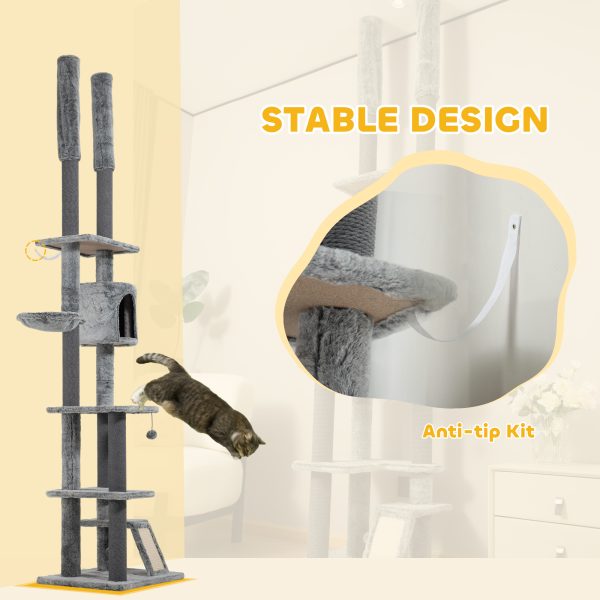 PawHut 225-255cmH Floor-to-Ceiling Cat Tree for Indoor Cats w/ Condo Ramp - Image 7
