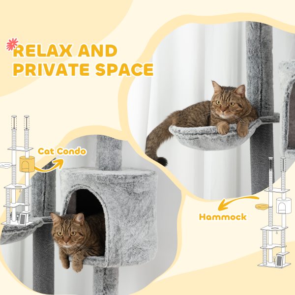 PawHut 225-255cmH Floor-to-Ceiling Cat Tree for Indoor Cats w/ Condo Ramp - Image 4
