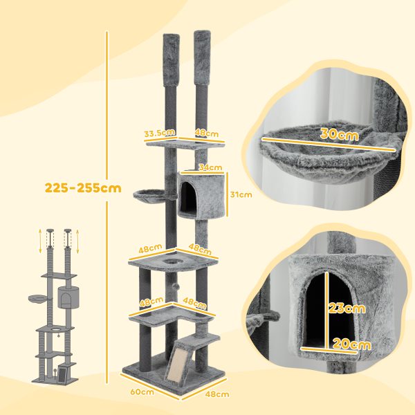 PawHut 225-255cmH Floor-to-Ceiling Cat Tree for Indoor Cats w/ Condo Ramp - Image 5