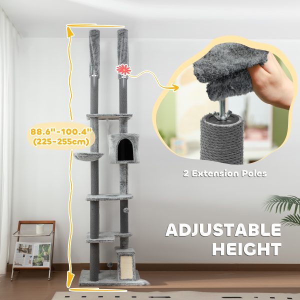 PawHut 225-255cmH Floor-to-Ceiling Cat Tree for Indoor Cats w/ Condo Ramp - Image 3