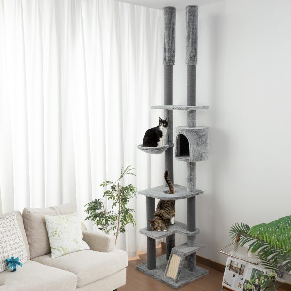 PawHut 225-255cmH Floor-to-Ceiling Cat Tree for Indoor Cats w/ Condo Ramp - Image 2