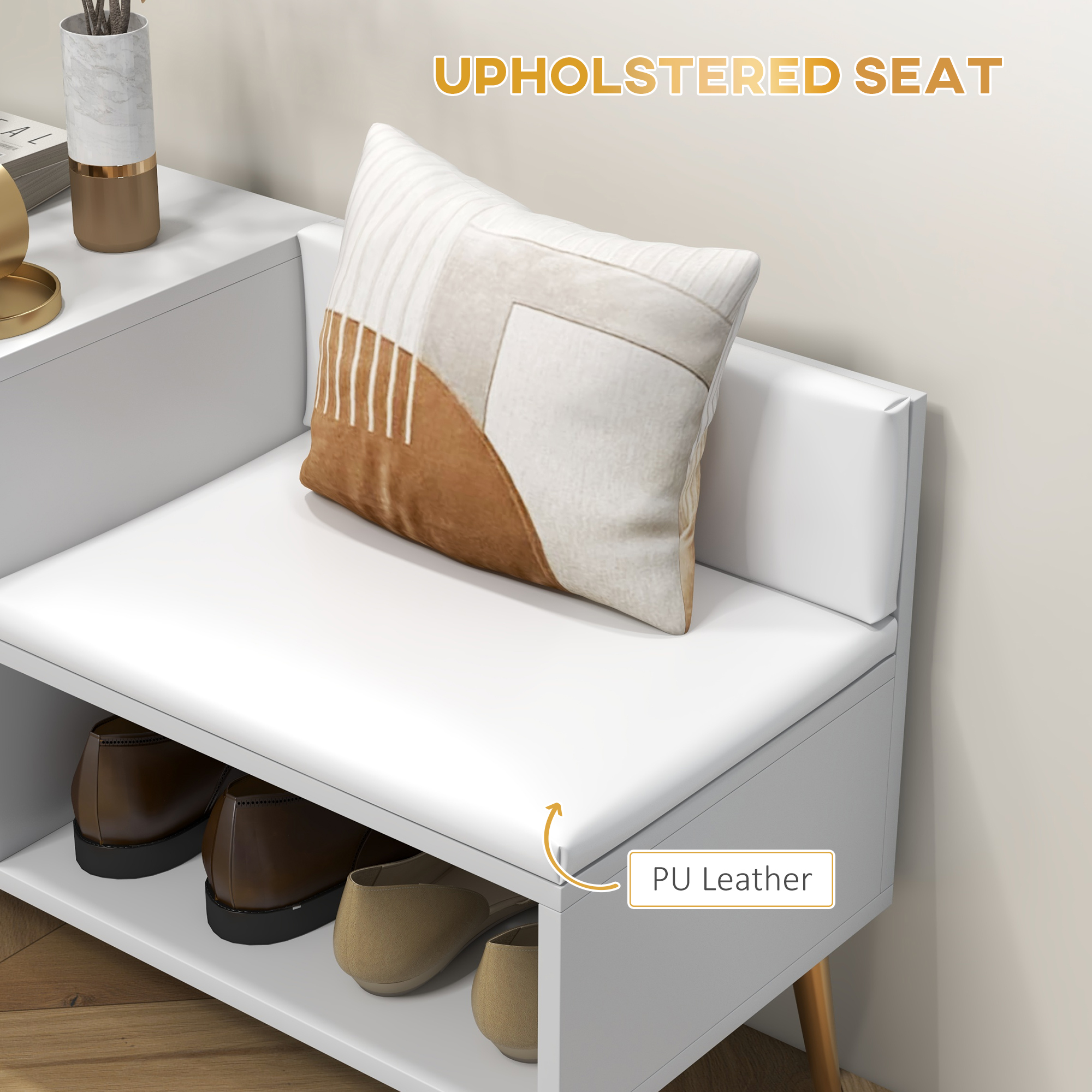 HOMCOM Upholstered Entryway Shoe Bench with Storage Cabinet Open Shelf - Image 4