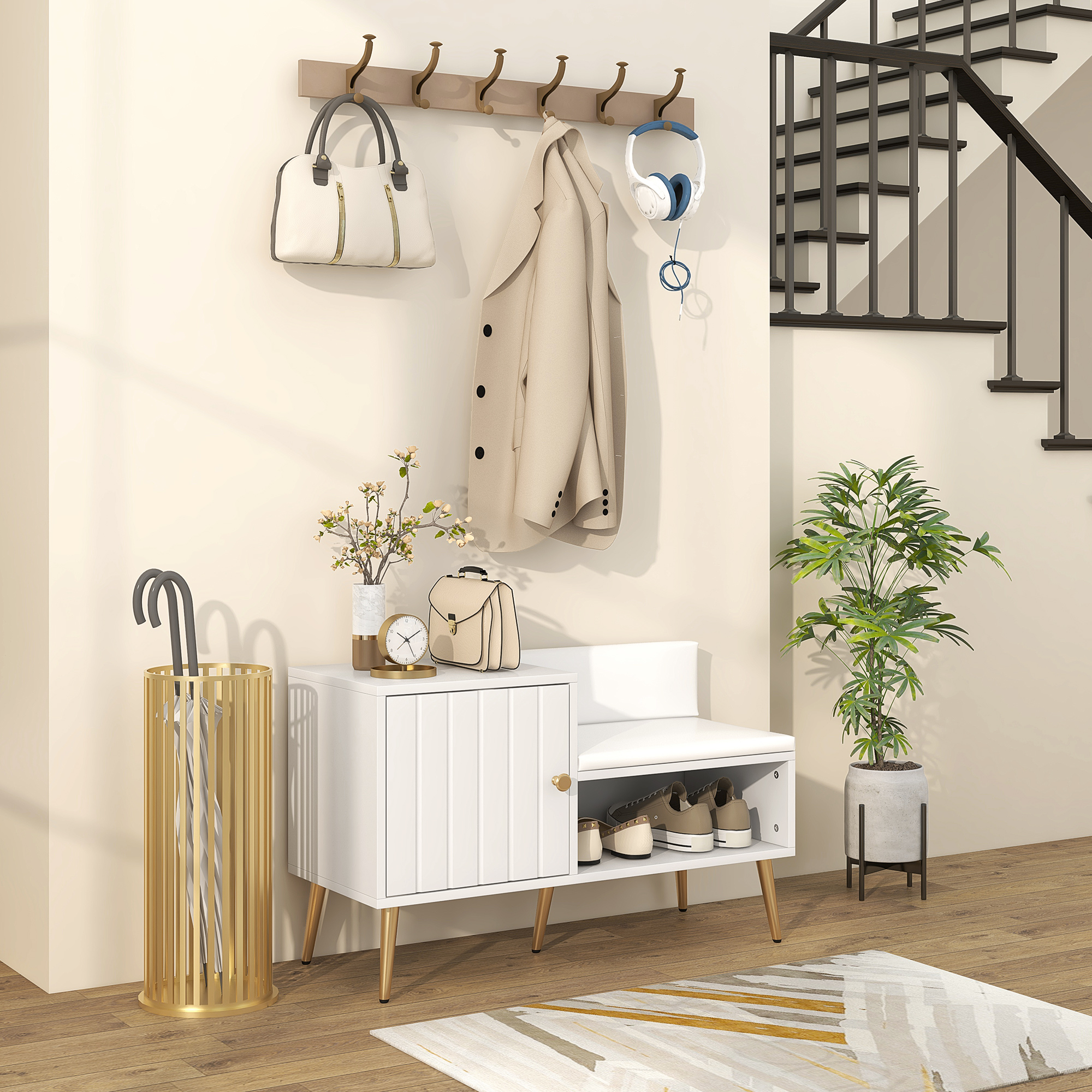 HOMCOM Upholstered Entryway Shoe Bench with Storage Cabinet Open Shelf - Image 7