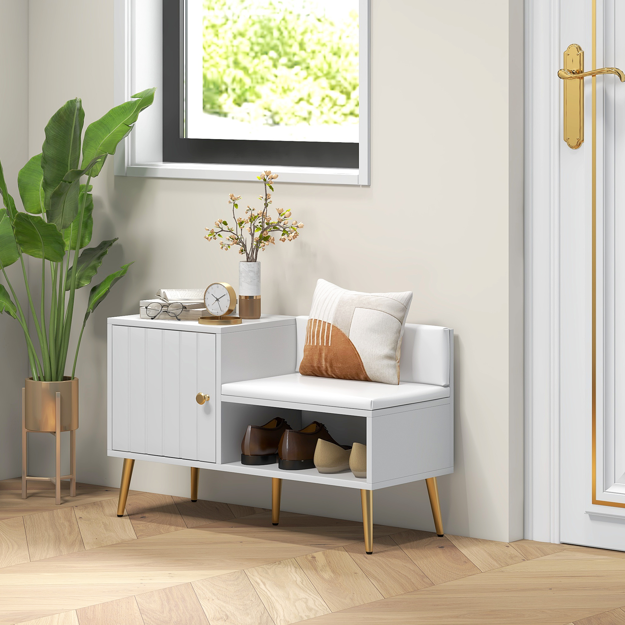 HOMCOM Upholstered Entryway Shoe Bench with Storage Cabinet Open Shelf - Image 2