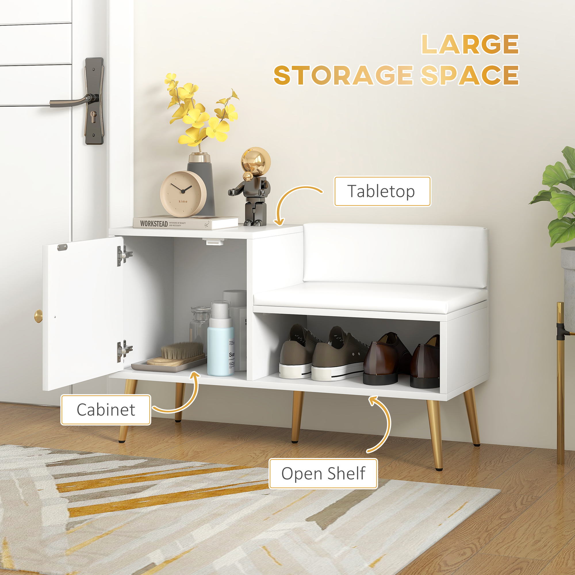 HOMCOM Upholstered Entryway Shoe Bench with Storage Cabinet Open Shelf - Image 3