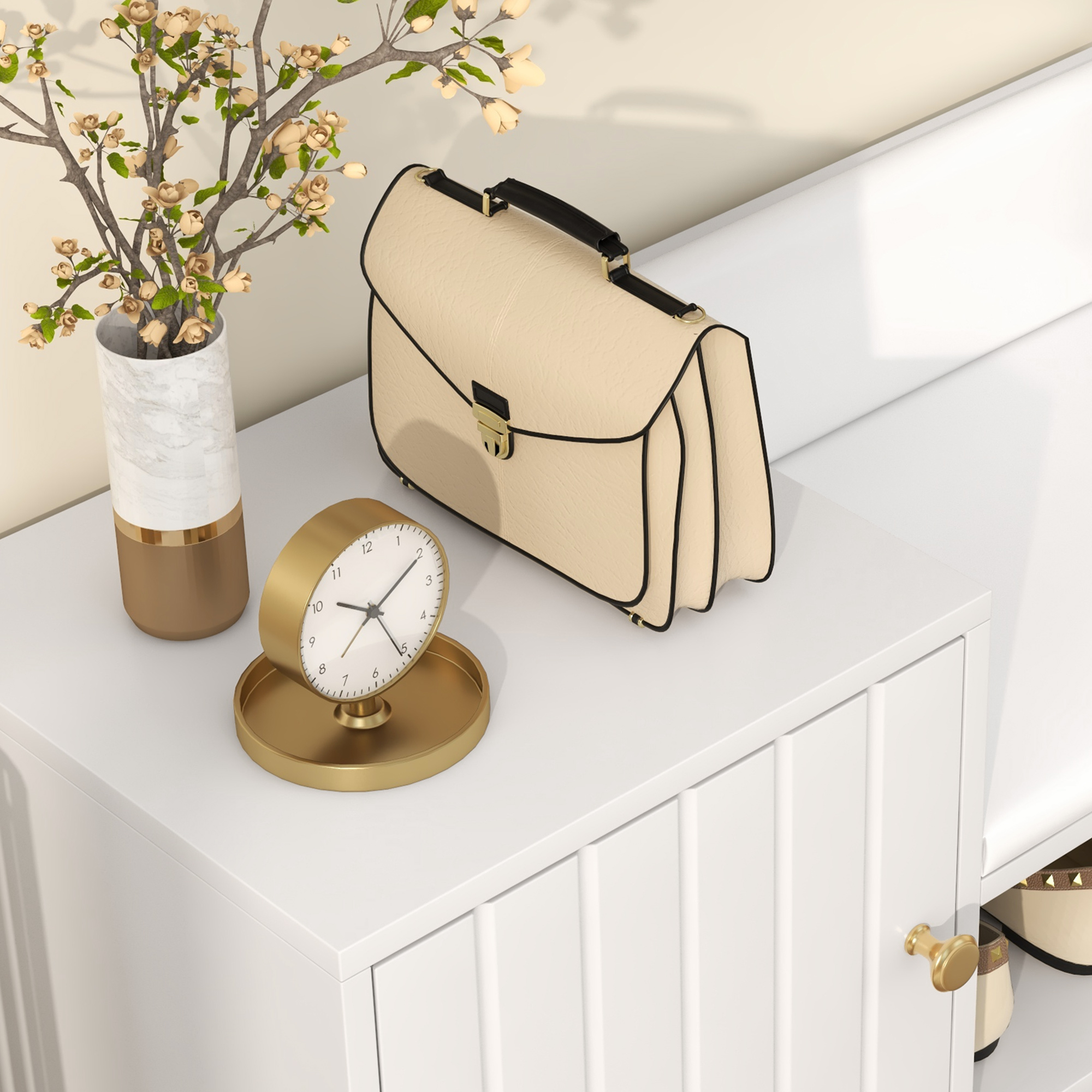 HOMCOM Upholstered Entryway Shoe Bench with Storage Cabinet Open Shelf - Image 6