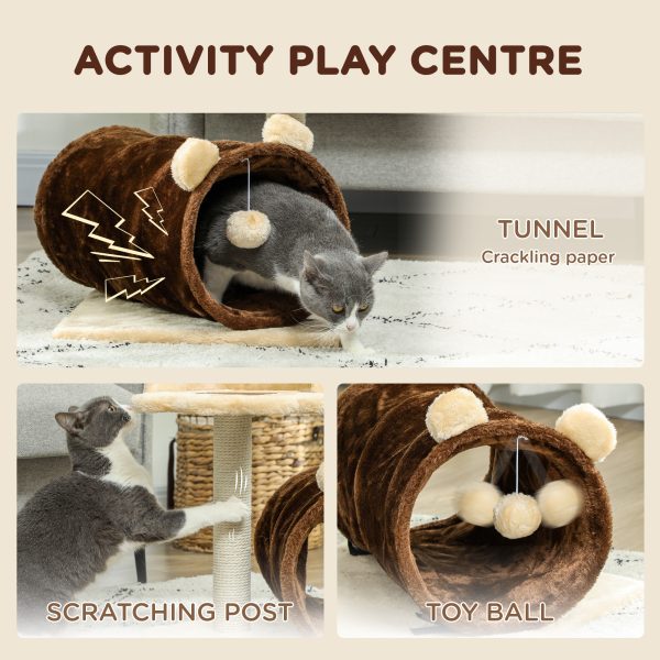 PawHut Cat Tree w/ Scratching Post, Bed, Cat Tunnel, Toy Ball, Dark Brown - Image 3