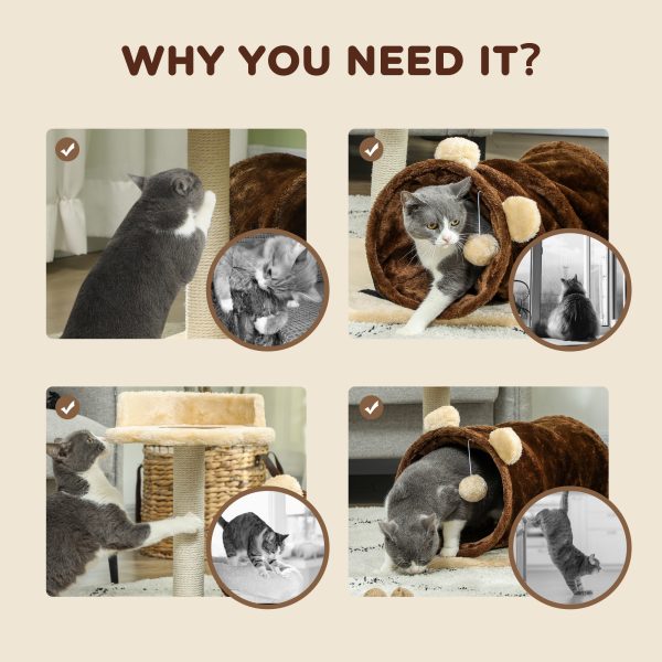 PawHut Cat Tree w/ Scratching Post, Bed, Cat Tunnel, Toy Ball, Dark Brown - Image 6
