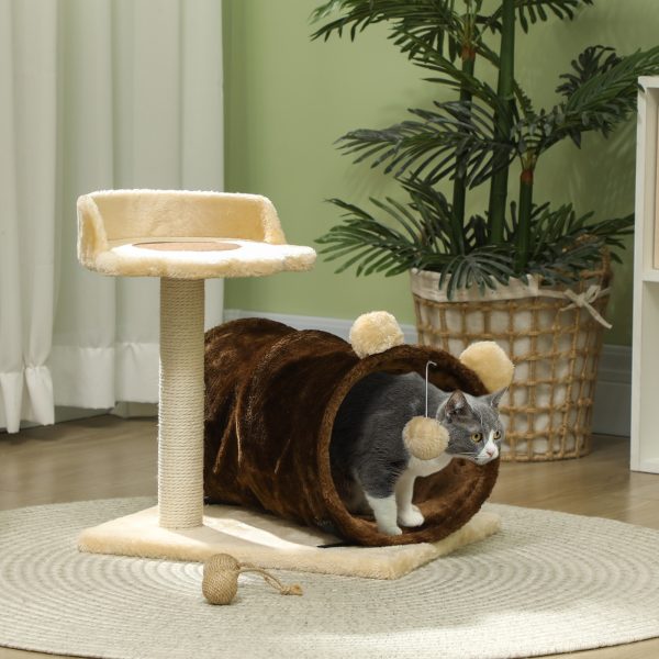 PawHut Cat Tree w/ Scratching Post, Bed, Cat Tunnel, Toy Ball, Dark Brown - Image 2